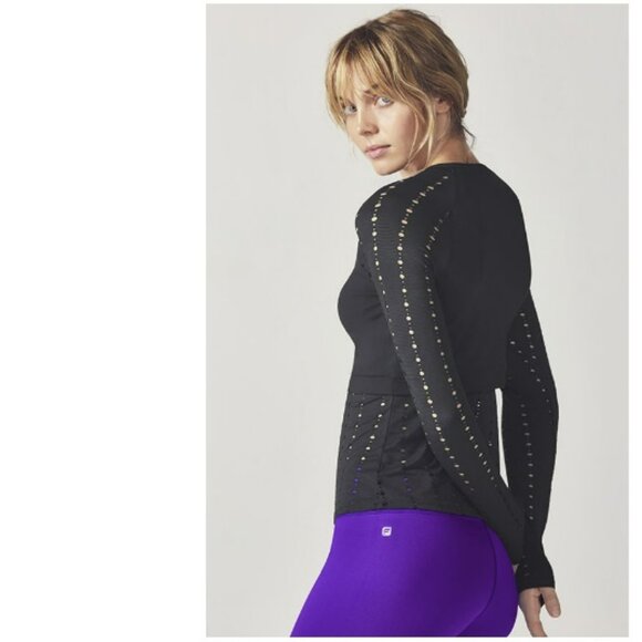 Fabletics Shelby Black Crop Top Eyelet Mesh Layer Long Sleeve Shirt - Picture 8 of 9